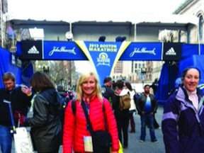 Ecole Arthur Meighen school gym teacher Robyn Dicesare stands at the finish line of the Boston Marathon on April 14. The next day, she would not be able to reach the finish line as two bombs went off, forcing Dicesare to end her race prematurely. (Robyn Dicesare/Submitted photo)