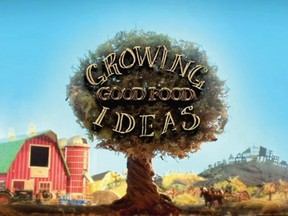 This screenshot shows an animated scene from the opening of the Growing Good Food Ideas video series, produced by Stratford-based Powerline Films.