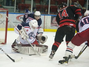 Colts goalie Jordan Piccolino makes a second period save on Tuesday, as the Colts skated to a 4-3 win over the Nepean Raiders.
Robert Lefebvre photo