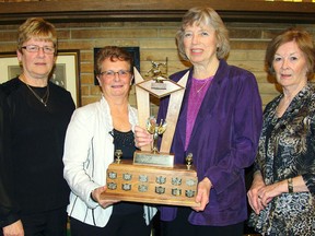 Champions of the A Flight in the Ladies’ Tuesday Morning League of the St. Thomas Curling Club are skip Pat Kennington, left, vice Lynn Rock, second Jennifer Schuster and lead Heather Marchment. (Contributed photo)