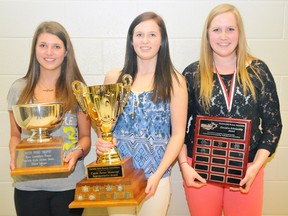 EDDIE CHAU Simcoe Reformer
The Norfolk HERicanes handed out awards to a Shae-Lynn Boehnert (Ruth Pond Award), Jessica Coulumbe (Cassie Turner Memorial Representative Award) and Jenna Dierick (Scholarship Award) during the Norfolk Girls Hockey Association annual Awards and Dinner Banquet at Holy Trinity Catholic High School Wednesday.