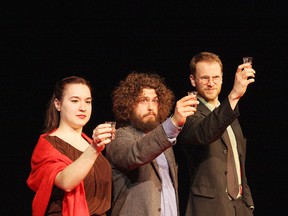 Jocelyn Dotta is Nadia, left, Daniel Aubin is Vlad, and Matt Heiti is Boris in the Encore Theatre Company's production of Lenin's Embalmers. See video at www.thesudburystar.com JOHN LAPPA/THE SUDBURY STAR/QMI AGENCY