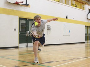 Cain Grisdale of Melfort reaches for the shuttlecock during men’s doubles play at the Fred Stushnoff Memorial Bird Bash at MUCC on Saturday, April 13.