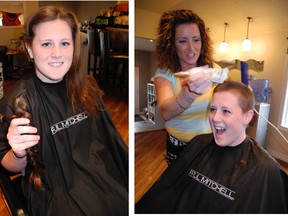 Gillian Bergsma, 19,  has her head shaved Tuesday by Chalyce Woods of Embrace Hair Salon and Spa in Waterford. Bergsma donated her hair to Angel Hair for Kids.(SARAH DOKTOR Simcoe Reformer)