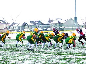 The Fort Saskatchewan Midget Hurricanes (green) managed a 6-0 takedown of the Edmonton Raiders on April 6 in their first-ever league game. The local squad is still looking for players between Grade 9 and 11 to fill the roster.

Photo Supplied