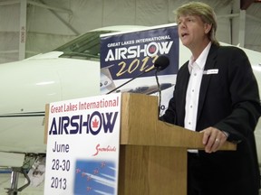 Great Lakes International Airshow president Jim Graham announces the addition of two aerobatic pilots to this year's show that runs from June 28-30.  Graham said the show is well supported by sponsors but could use more. (John Miner/The London Free Press)