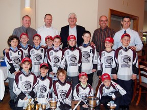 Former Toronto Maple Leafs captain, Rick Vaive; centre, was in town Wednesday evening as a special guest speaker at a dinner honouring the TMHI Ward's Automotive Novice Rep team for an outstanding season. Vaive praised the young hockey players for their hard work and achievements this year, and provided some words of advice and encouragement.     

KRISTINE JEAN/TILLSONBURG NEWS/QMI AGENCY