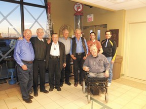 The newly inducted executive board of the Leduc/Devon Oilfield Historical Society and the Leduc #1 Energy Discovery Centre. 
From left to right, Leduc County representative Gordon Schaber, second vice president Don Hunter, past president Dan Claypool, president Sheldon Weatherby, director Bill Graham, director Jeff Lutz, secretary Mike Perron and treasurer Bill Bates. Absent is Ed Rylander, representative for City of Leduc.
