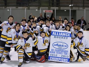 The Sarnia Sting Minor Pee Wee MD Team captured the Alliance Provincial Championship this past weekend, beating Kitchener in double overtime. Team members from left to right include Cole Goossens, Kaleb Zeytinoglu, Aidan Clark, Collin Zimmer, Damon Skinn-Wai, Brock Barber, Andrew Cyyczurko, Kaz Gudelis, Stevie Schaefer, Mathew Waun, Greg Ross, Spencer Baillie, Hayden Griffin, Josh D'Angela, Tyler Talbot -Ellis, Ian Baillie, Evan Trigatti and Cam Stevens. SUBMITTED PHOTO
