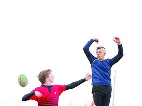 The Salisbury Sabres (red) will be among 32 teams taking part in this year’s Strathcona Druids/Outlaws Lynn Davies high school rugby tournament, which has been postponed until April 26 and 27 due to the delayed spring. File photo.