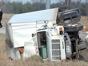 Two occupants of a car died in a collision with a truck on Hwy. 7 south of St. Marys Thursday afternoon. (SCOTT WISHART, The Beacon Herald)