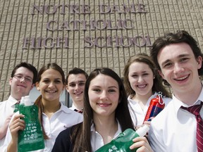A group of grade 11 & 12 students from Regiopolis Notre Dame Catholic High School won the Educational Tours Global Challenge with their project "Disposing the Disposable" about reducing the need for single-use water bottles. From left, Will Medeiros, Sarah Botros, Justin Kellermann-Thompson, Molly Rutherford, Emma-Lee Goulding and Liam Whalen-Browne.
Julia McKay For The Whig Standard