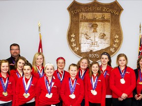 The Zorra Fuzion peewee 'B' girls team won the 2013 Ontario Women's Hockey Association Provincial 'B' Championship April 7 in Ottawa. The Fuzion went undefeated in the yearend finals and won the final game 1-0 over the Kent County Fillies.
Names(left to right)
Rob Oliver (assistant coach), Keelie Eaton, Jeff Irwin (assistant coach), Lindsay Bessegato, Kyra Prekup, Abby Luther, Racheal Gartly, Katie Irwin, Jenna Winter, Brynn Oliver, Makayla Egan, Belle deGraaf, Megan Bates, Anne Goor(trainer), Curtis Gartly (head coach) Mayor Margaret Lupton. (Submitted photo)