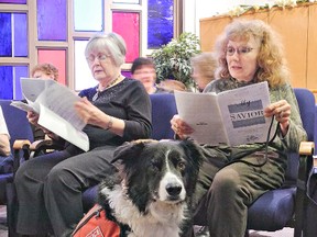 SUSAN GAMBLE, The Expositor

Rocky, the border collie service dog, is a well-accepted member of Fairview United Church's choir, sitting at the feet of his mistress Nancy Poole each Sunday morning.