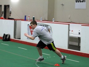 Jared Burke participates in the T-test at the first ever Fort McMurray Peewee (Grade 3 to 6) football combine at the Syncrude Sport and Wellness Centre Sunday April 7. The peewee combine is one of the new initiatives in the Fort McMurray football league this year.  TREVOR HOWLETT/TODAY STAFF