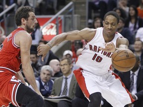 DeMar DeRozan (right) ended the season at his productive best. In the final nine games of the season, which coincided with the final month DeRozan averaged 22.9 points a night. (TOM HICKEN/TORONTO SUN)