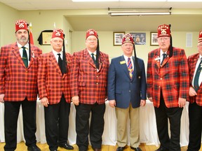 Pictured (left to right) Second vice-president Keith Stiles, first vice-president Paul Zorzi, president elect Lorne Attenborough, 2013 potentate Robert Parker, president Alex Cameron and secretary Terry Mills.