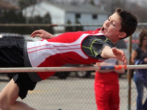 Jake Wilkins of Northern just squeaks past the bar during the high jump at the first LSSAA field meet of the year Thursday, April 18, 2013 at St. Clair Secondary School in Sarnia, Ont. PAUL OWEN/THE OBSERVER/QMI AGENCY