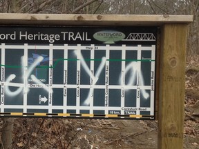 Vandals have spray-painted profanity on four signs along the Waterford Heritage Trail. (Contributed photo)