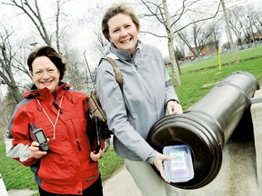Geocacher Martha Gillier, left, and Nancy McDowell, executive director of Habitat for Humanity Chatham-Kent, are launching a geocache fundraising event to help build the first Habitat home in Chatham-Kent. PHOTO TAKEN: Chatham, On, Friday April 19, 2013.  DIANA MARTIN/ THE CHATHAM DAILY NEWS/ QMI AGENCY