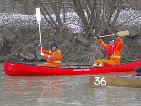T.J. Ward, left, and Ben Lampkin took part Saturday in the Ingersoll canoe races to raise money for the Alexandra Hospital Foundation. HEATHER RIVERS/WOODSTOCK SENTINEL-REVIEW