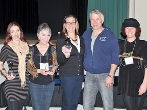 Submitted photo
From left: Local actress Lindsay Markert, Carla Schmidt, actress, Sandra McGrogan, director, Eric Baxter, stage tech, and Pink Van Kessel, who handled props. The group won several awards for its performance of "The Way of All Fish" at a zone competition in March, and will be going to the Provincial One Act Play Festival, which takes place May 18-19 in High River at the Highwood Memorial Centre.