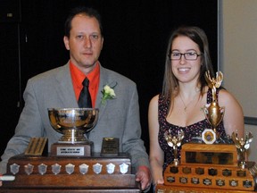 The Sportsperson of the Year, Jamie Frey, and Girl Athlete of the Year for 2012, Laura Vere, with their trophies at Saturday night's awards ceremony. Boy Athlete of the Year winner Kyle Frey was unable to attend the banquet.