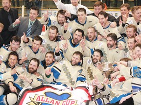 The Bentley Generals pose with the Allan Cup, after defeating the Clarenville Caribous, 3-0. April 20, 2013.