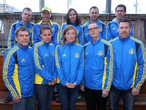 Local participants in last week's Boston Marathon pose for a team photo Friday, April 19, 2013 at an Owen Sound restaurant. The runners got together to discuss and share their experiences. (Back Row L-R) Rob Vanderwerf, Doug Barber, Lisa Lawson, Jim Scott and Scott Greig. (Front Row L-R) Kevin Knight, Hannah Fraser, Sara Newton, Nick Meloche and Curtis Coyne. (JAMES MASTERS/QMI Agency/The Sun Times)
