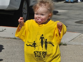 Lily Kilbreath, 1, of Sarnia, practices walking before the Steps for Life 5-km Walk at Centennial Park last year. This year's walk is set for May 4. Proceeds benefit Threads of Life, a charity that supports people impacted by workplace injuries, illnesses and fatalities. FILE PHOTO/THE OBSERVER/QMI AGENCY