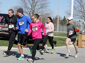 Runners in the 10K category take off during the Muddy River Run in support of VON Chatham-Kent at the St. Clair College HealthPlex in Chatham Ont. on Sunday. There were approximately 200 participants, with a moment of silence also held for those affected by the Boston Marathon blasts last week.  TREVOR TERFLOTH/ THE CHATHAM DAILY NEWS/ QMI AGENCY