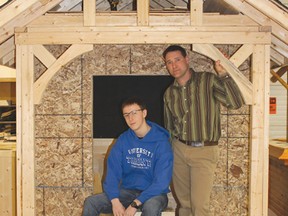 JESSICA MALONE-DANIHER • for Northern News
Grade 12 student Carter Schaffner (left) placed first in Carpentry at the Regional competition in North Bay last weekend with a score of 87.5%. He will compete in Waterloo May 7th against students from across Ontario. He is seen here with teacher Marc Gorecki on the porch of a small cabin he built. See Page 3 for more coverage.