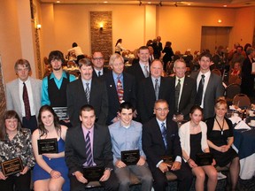 This year's North Bay Sports Hall of Fame award winners and inductees were honoured on Saturday night at the 33rd annual induction and awards ceremony at the Best Western. Winners are: (front row from left): Heather Windrem, Heather Payne, Jake Tougas, Keiran Crouch (accepting on behalf of Bill Rhoads), Dave Saad, Jamie Bull (accepting on Jaret Bull's behalf) and Chantal Nadon. Back row (from left): Rob Dawson, Graham Hansel, Doug Walters, Tim Foster, Craig Rodwell (on behalf of John Cordts), Mike O'Shea, Bob Sneddon, Tom Cook and Graham Cobb. Missing from the photo is Jack Dominico.