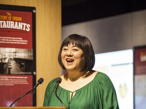 Linda Tzang speaks during the launch of the exhibit Chop Suey at the Royal Alberta Museum on April 18, 2013. Photo supplied.