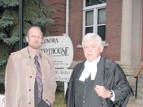 Firearms advocate Bruce Montague (left) outside the Kenora courthouse with Toronto lawyer Calvin Martin whom he dismissed in March 2007.
FILE PHOTO