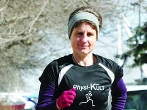 Margarita Babkova runs along Place D’Arms as she prepares for the upcoming Limestone Half Marathon on Sunday, April 28.          ROB MOOY - KINGSTON THIS WEEK