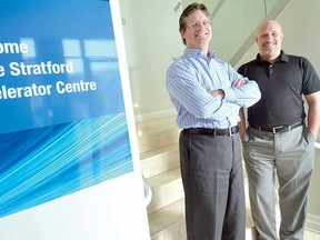 Paul West and Randy Huitema are pictured recently at the Stratford Accelerator Centre in the city's downtown core. (SCOTT WISHART, The Beacon Herald)