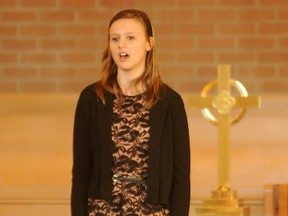 Annalee Vanderhelm, 13, sings Precious Jesus by J. Althouse at Dunlop United Church in Sarnia, Ont. Monday April 22, 2013. The Grade 7 Cathcart Boulevard school student is one of about 550 people participating in the 84th Lambton County Music Festival, continuing until May 2. TYLER KULA/ THE OBSERVER/ QMI AGENCY