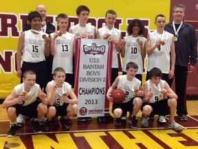 Brantford Rep Basketball No. 1 bantam boys won gold at the OIBA championships in Kingston. In the photo are: Ethan Andrew (front, left), Matt Clegg, Danny Bosett, Elijah Bastien, Matt Marciano (back, left), coach Todd Andrew, Alex Bakker, Cal Hager, Kobe Beaton, Judah Stewart, Ben Kwasnik  and coach Scott Hager.