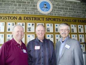 2013 inductees, from left, G.M. (Bubs) Van Hooser, John McFarlane and Bob Elliott attended the Kingston & District Sports Hall of Fame inductee luncheon at the Rogers K-Rock Centre on Monday. The three are among six athletes and builders who will be inducted on May 3. (Julia McKay/For The Whig-Standard)