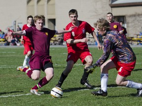 Regiopolis-Notre Dame Panthers’ Jordan Pringle tries to kick the ball past Sydenham Golden Eagles goalkeeper Wyatt Bovey during a Kingston Area Secondary Schools Athletic Association junior soccer game at Regiopolis on Monday. The Panthers won the home opener 6-0. (Julia McKay/For The Whig-Standard)