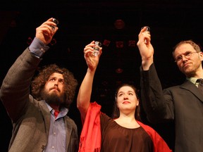 Daniel Aubin, left, is Vlad, Jocelyn Dotta is Nadia, and Matt Heiti is Boris in the Encore Theatre Company's production of Lenin's Embalmers. See video at www.thesudburystar.com JOHN LAPPA/THE SUDBURY STAR/QMI AGENCY