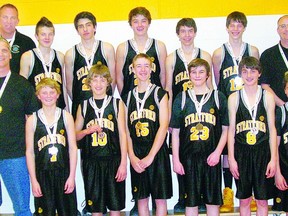 Contributed photo
Members of the Stratford bantam boys basketball team, silver medalists at the provincials on the weekend, are front from left, coach Chris Cavender, Derek Delafranier, Nolan Grasby, Steven Sanders, Hunter James, Anthony Gioia and Ryan Lay; and back row from left, coach Brian Does, Jackson Does, Jack Reilly, Owen Brooks, Joe Yundt, Hayden Cavender and coach Rob James.