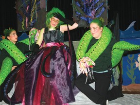 Ursula and her eels Flotsam and Jetsam discuss how to get revenge on King Trident and the merpeople in the play the Little Mermaid. Lakewood  Public School is putting on the play on April 25, 26 and 27.
GRACE PROTOPAPAS/Daily Miner and News