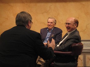 Lloyd Robertson and Craig Oliver speak with Sean Adams prior to a Children's Treatment Centre dinner on Monday, April 22.