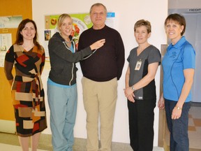 Helping hearts one step at a time. The 25th Annual Rotary Huron Shore Run is set to take place on June 1 with registration at its new location, the Southampton Coliseum. Seventy per cent of the event’s proceeds will be donated to the Saugeen Memorial Hospital Foundation for new cardiology equipment. Pictured (left to right) Christine Kelly, development office and treasurer for the Saugeen Memorial Hospital Foundation, first year runner and nurse Allison Dejong checking Huron Shore Run committee member John Van Bastelaar’s heart, nurse, Michelle Hunter who has ran in the race for the past 18 years and chair of the Saugeen Memorial Hospital Foundation Erin Zorzi.