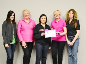 Pictured is a presentation of a cheque for $2,000 from Pretty in Pink’s major sponsor AECON to Sylvia Sheard and Judy Trotman, co-chairs of the event on Friday. From left to right: Katie Whytock, AECON administration, Slyvia Sheard, co-chair of the event, Jean Sylvester, AECON manager nuclear serving business development and nuclear proposal manager, Judy Trotman, co-chair of the event and Angie Thede, site administrator.