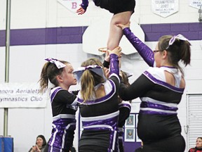 A stunt group from the Kenora All Star Cheer and Dance youth team puts up a torch while performing at the Kenora Aerialettes year-end show on Friday, April 19. The youth team competed in Winnipeg on Sunday, April 21 earning high marks.
GRACE PROTOPAPAS/Daily Miner and News