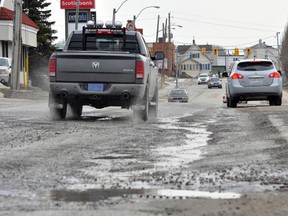 With provincial funding drying up for road maintenance, the City of Timmins is having a hard time keeping up with repairs. Here, motorists drive down a rough stretch of Waterloo Rd.
