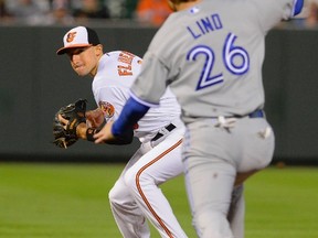 Baltimore Orioles second baseman Ryan Flaherty turns the double play as Toronto Blue Jays baserunner Adam Lind closes in on a ball hit by Jose Bautista in Baltimore on Tuesday night. (Reuers)